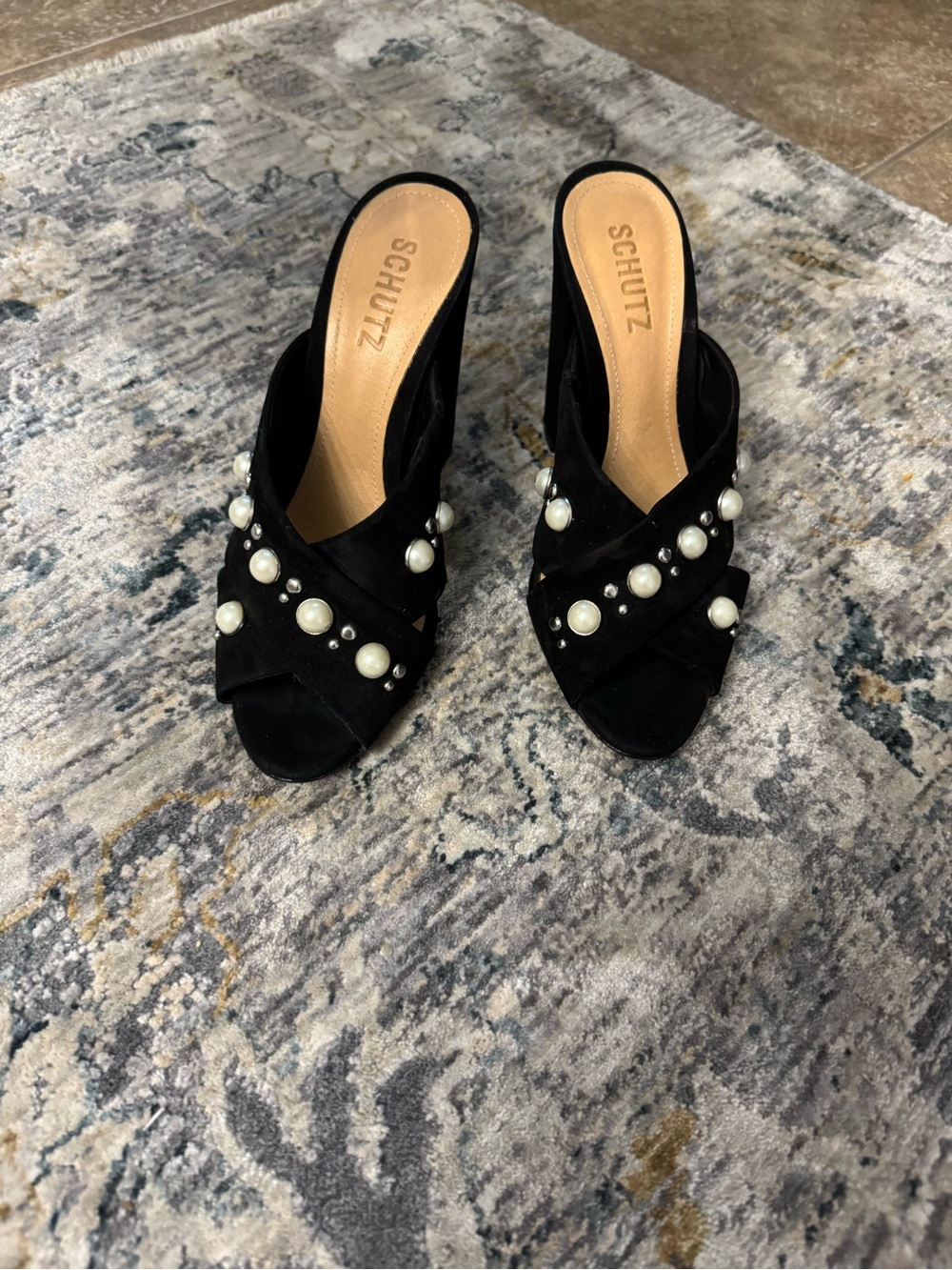 SCHUTZ Black Suede Pearl-Embellished Slide Mules